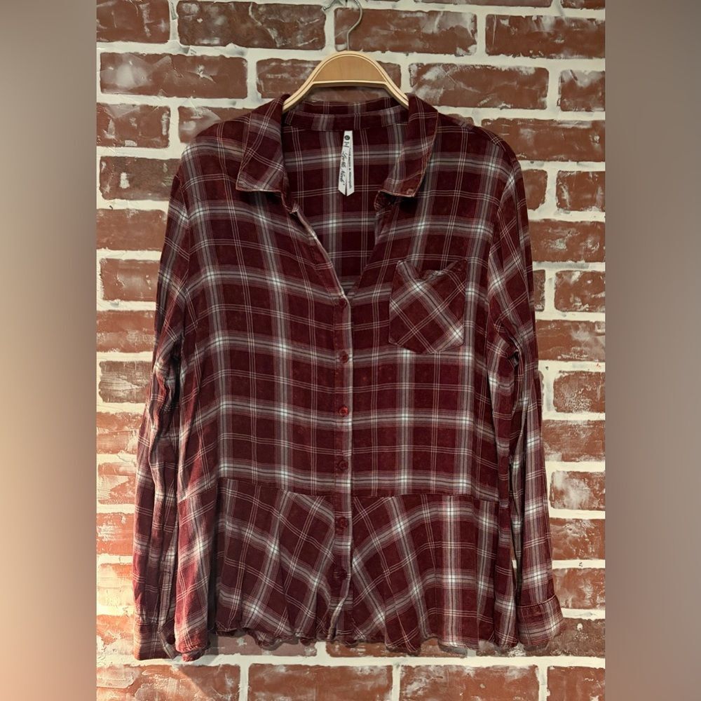 Leo & Nicole Burgundy Plaid Women's Top